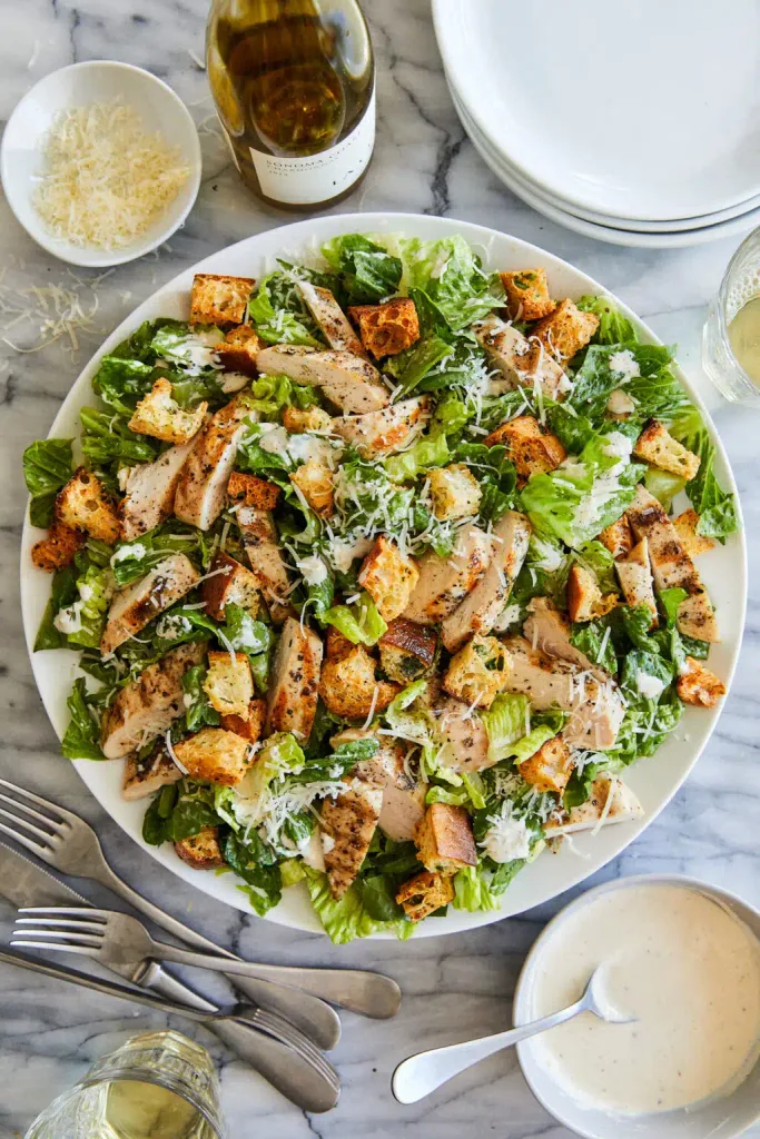 large platter of chicken caesar salad with croutons, parmesan cheese, and creamy dressing