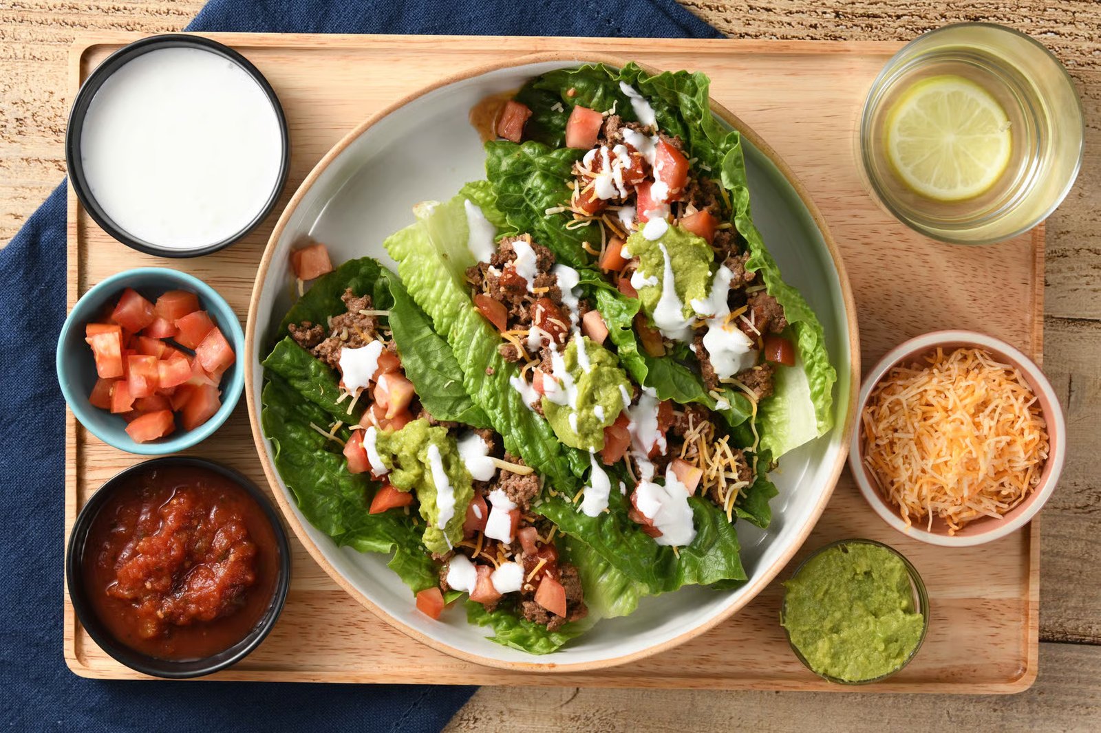 keto beef taco lettuce wraps with tomatoes, cheese, guacamole, and sour cream