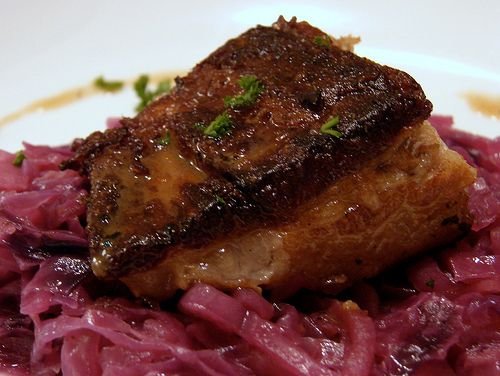 crispy pork belly served over a bed of braised red cabbage