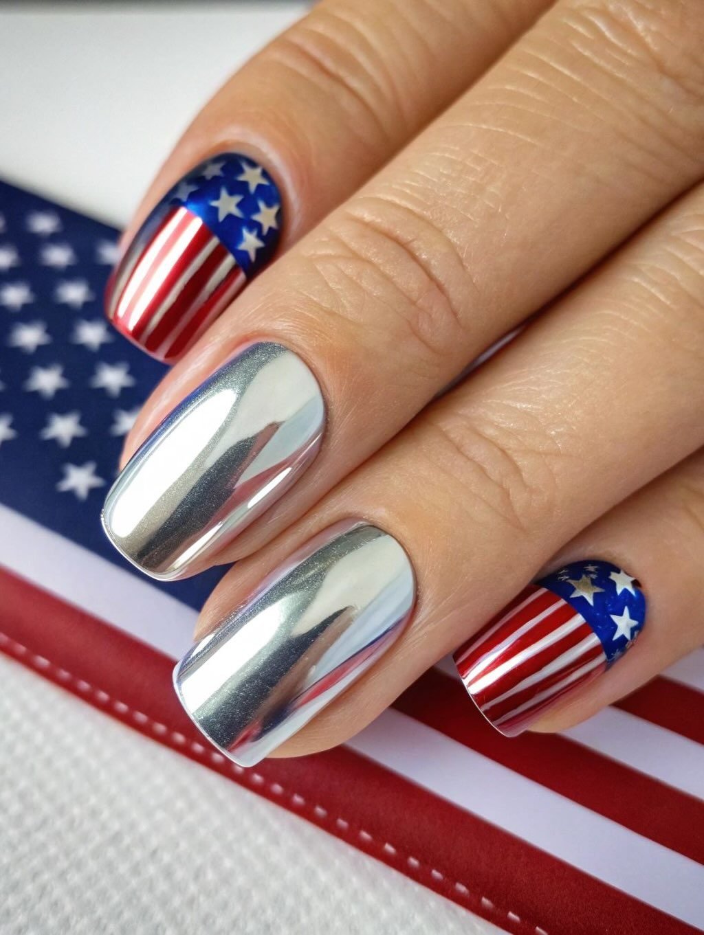 metallic silver chrome nails with american flag inspired star and stripe accent designs