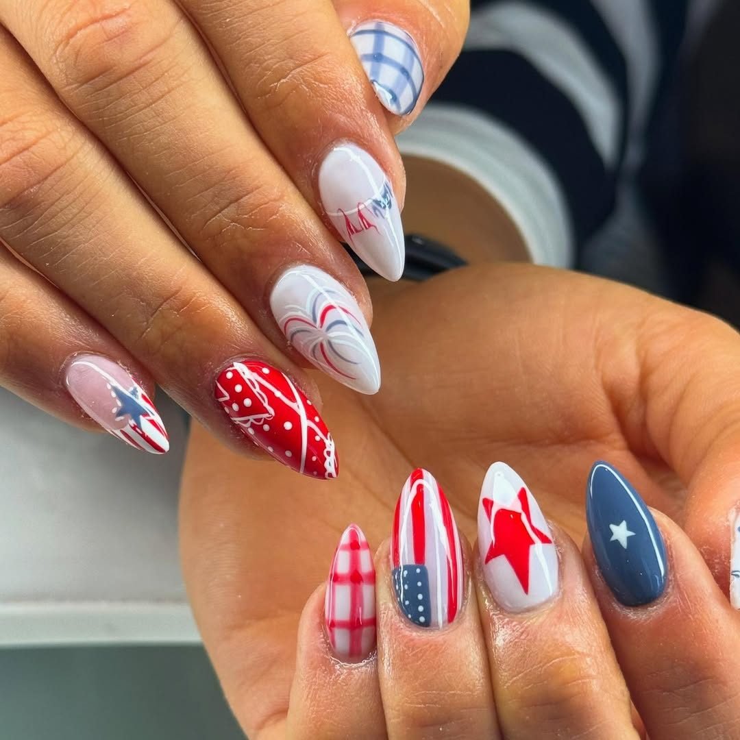 patriotic 4th of july manicured nails featuring stars, stripes, fireworks, and plaid patterns