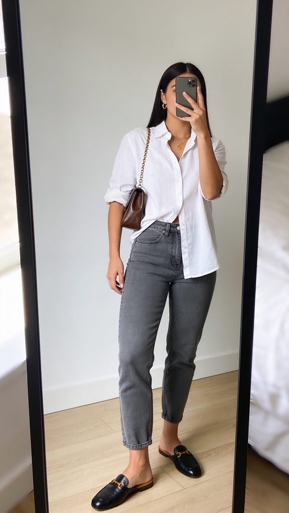 woman in white button-down shirt and grey jeans taking a mirror selfie