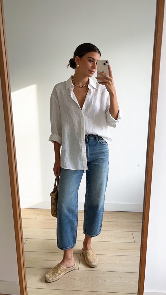 woman in white linen shirt and blue barrel jeans posing for a mirror selfie
