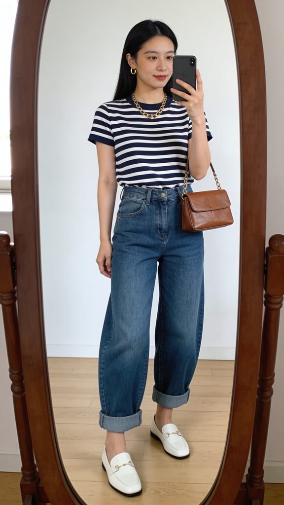 woman in striped t-shirt and cuffed blue barrel jeans posing for a mirror selfie
