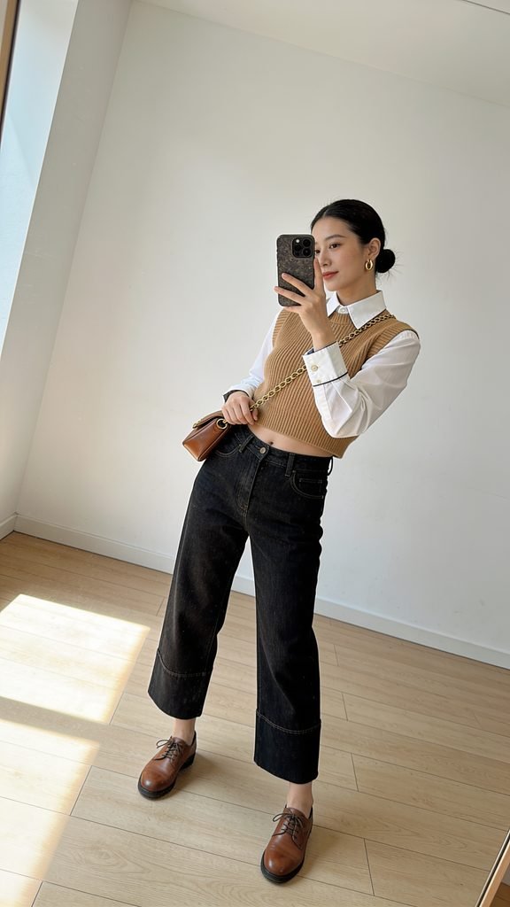 woman in brown sweater vest and black barrel jeans taking a mirror selfie
