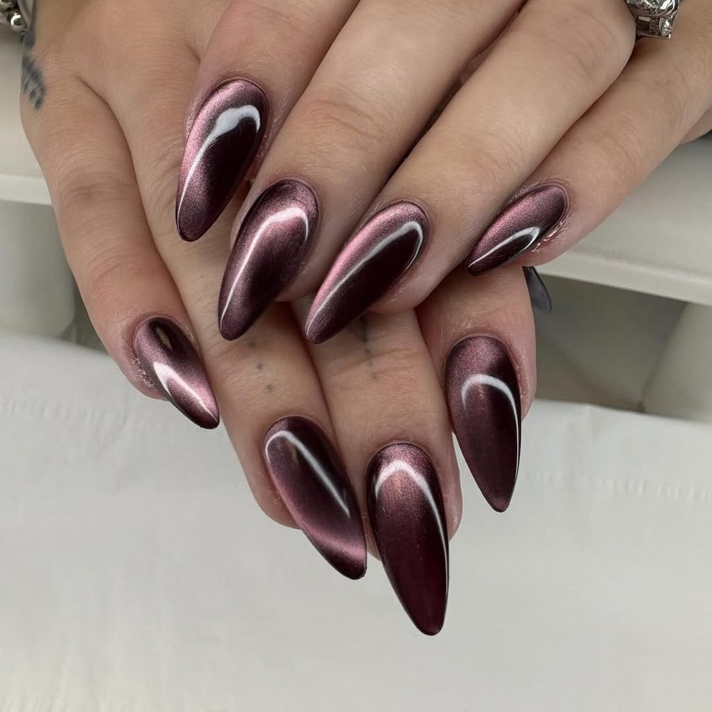 rose gold metallic velvet magnetic polish on long almond stiletto nails