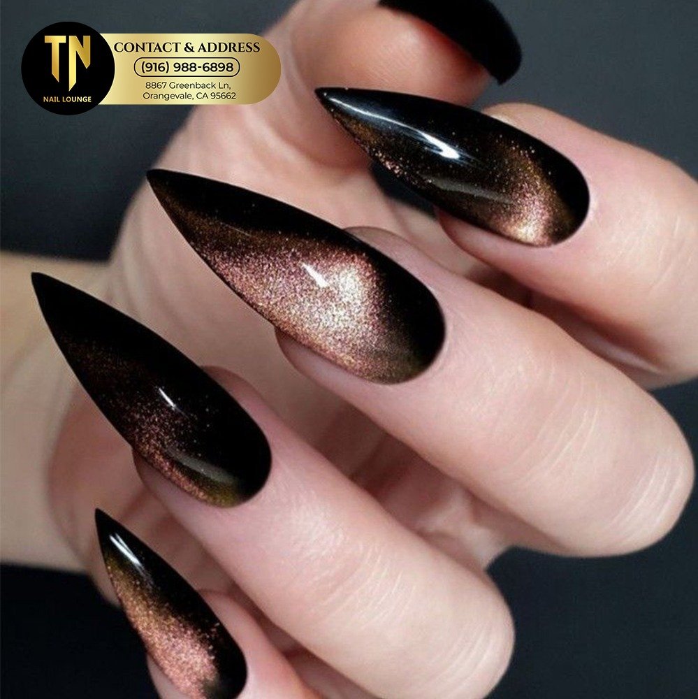 long black stiletto nails with shimmering rose gold cat eye velvet effect