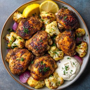 roasted chicken thighs with cauliflower florets, red onion, and creamy sauce