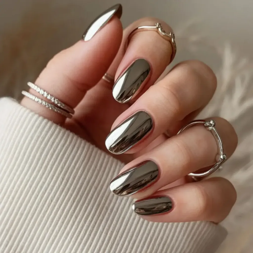 short oval nails covered in a highly reflective silver metallic chrome finish