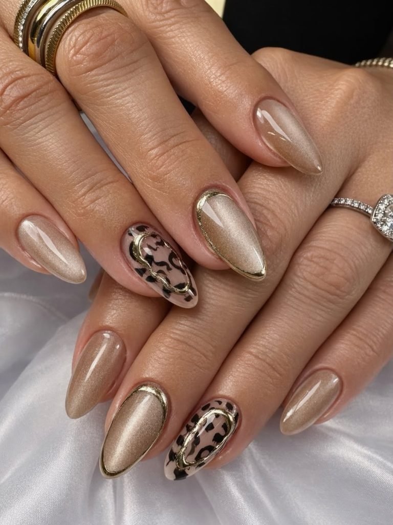 tan cat eye almond nails with metallic gold borders and leopard print accents
