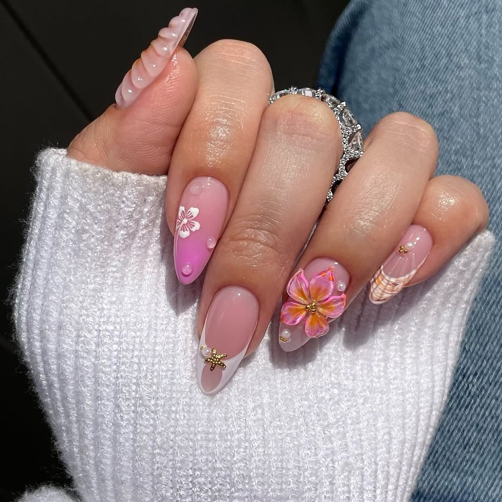 pink summer gel nails with 3d floral art starfish and shell designs