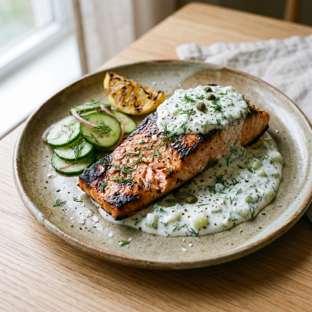 grilled salmon fillet topped with creamy dill sauce and served beside sliced cucumbers
