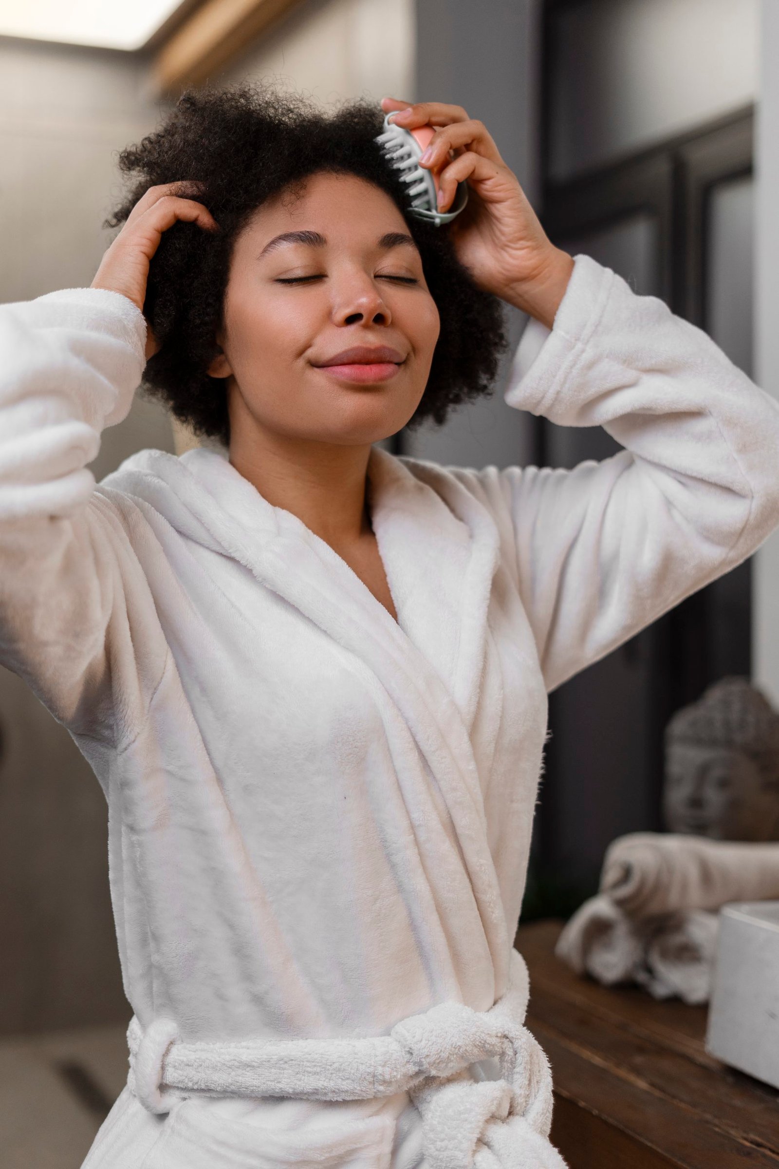 a smiling woman in a white bathrobe using a silicone scalp massager on her curly hair