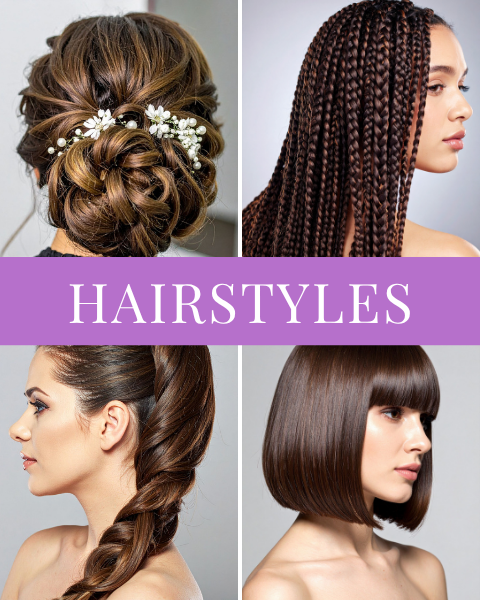 collage of different hairstyles including a floral updo, long braids, a ponytail, and a bob.