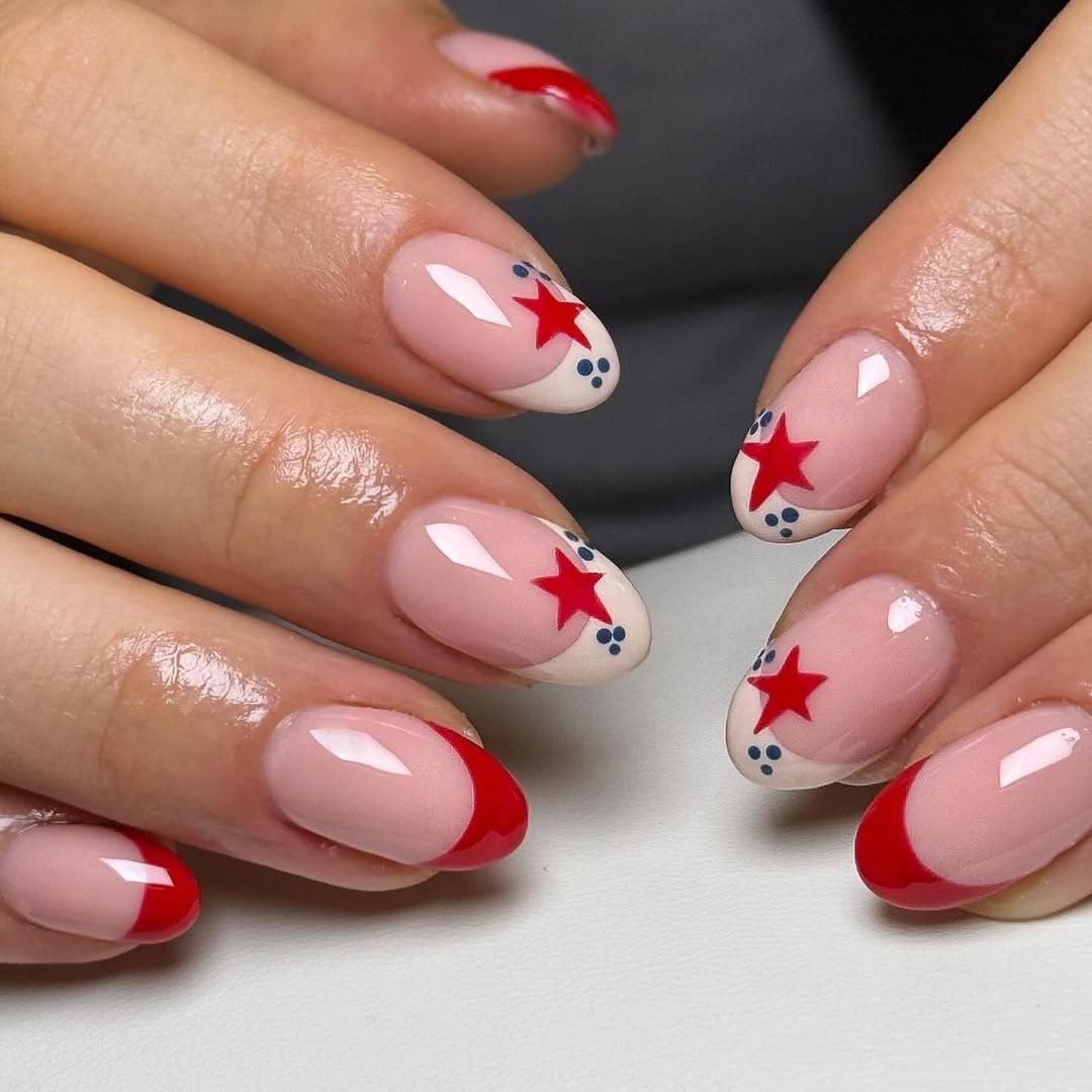 patriotic fourth of july french manicure with red stars and blue dots