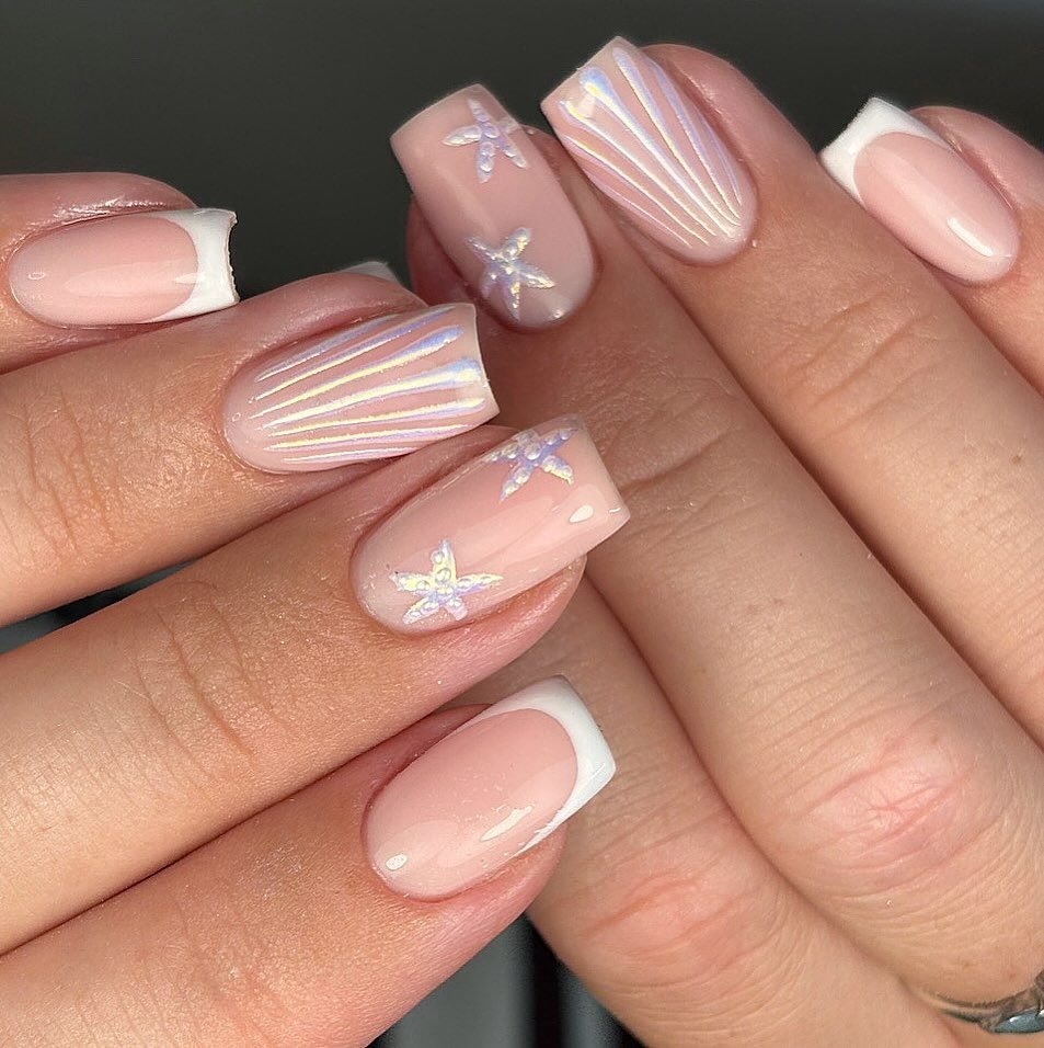 ocean themed square french manicure with iridescent seashell texture and starfish art