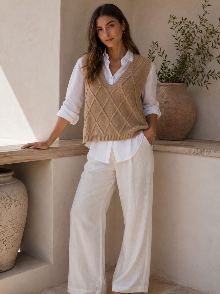 woman wearing tan knit vest over white button down shirt and white trousers