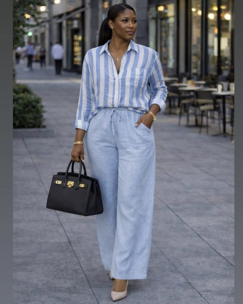 woman walking outside wearing blue and white striped shirt and light blue linen trousers