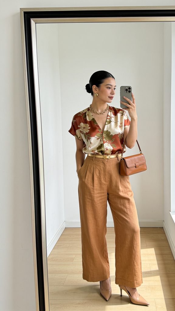 woman wearing floral silk blouse and brown wide leg linen pants taking a mirror selfie
