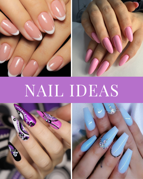 collage of manicured nails featuring french tips, pink almond shapes, purple patterns, and blue gems.
