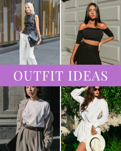 collage of four women wearing stylish outfits including leather, monochrome, and business casual styles.