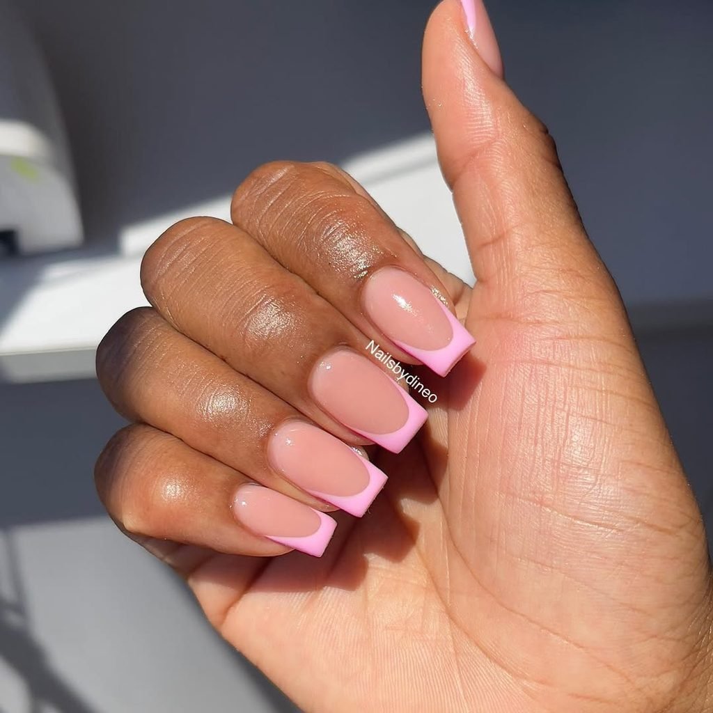 square shaped french manicure with light pink base and pastel pink tips
