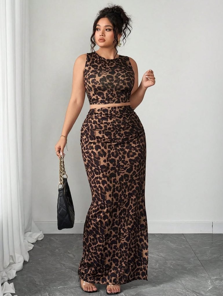 woman wearing a matching leopard print sleeveless crop top and ruched maxi skirt holding a bag