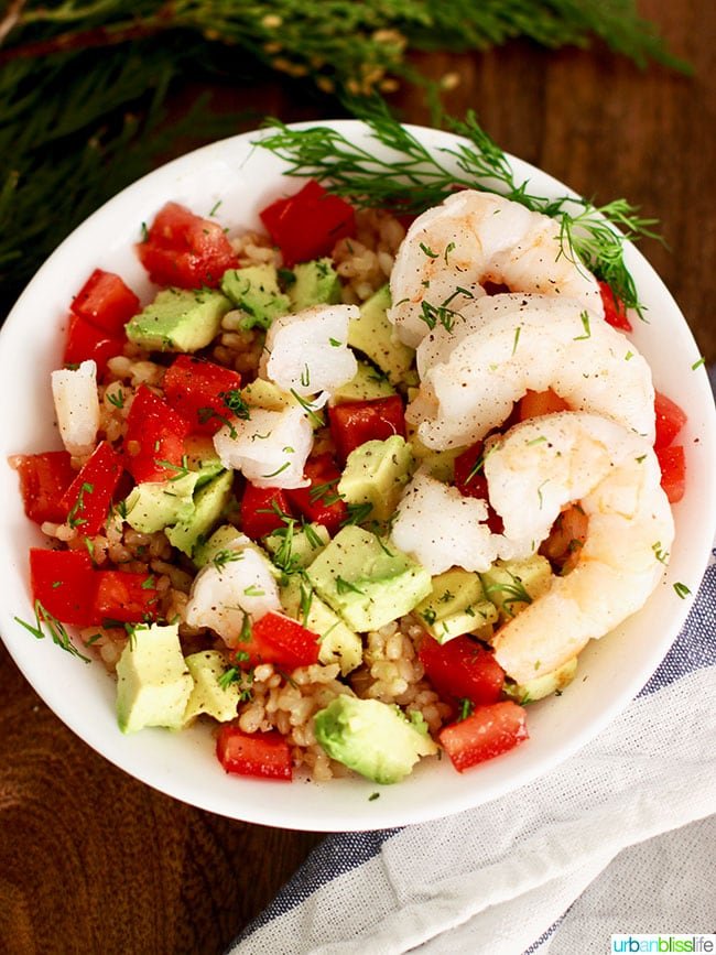 shrimp avocado rice bowl with diced tomatoes and fresh dill in a white bowl