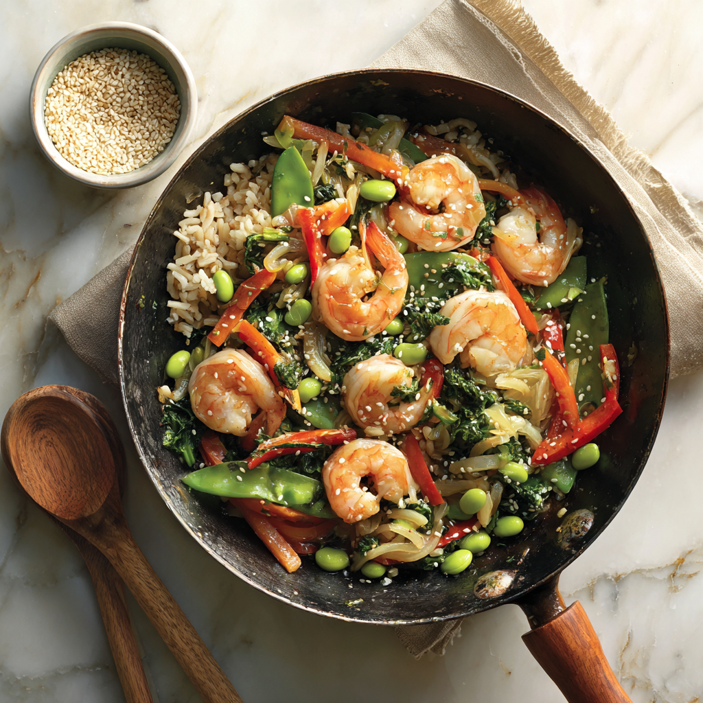 shrimp stir-fry with edamame, bell peppers, and brown rice in a black skillet