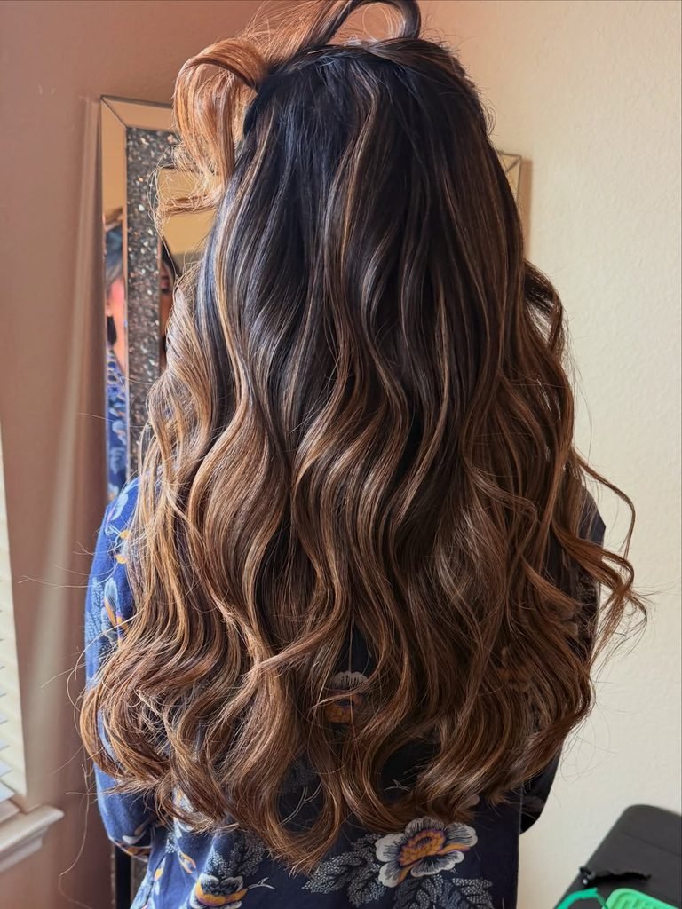 back view of long wavy brown hair with caramel highlights summer hairstyle