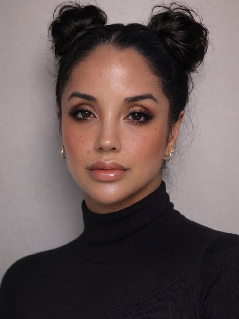 woman wearing a black turtleneck with two space buns summer hairstyle