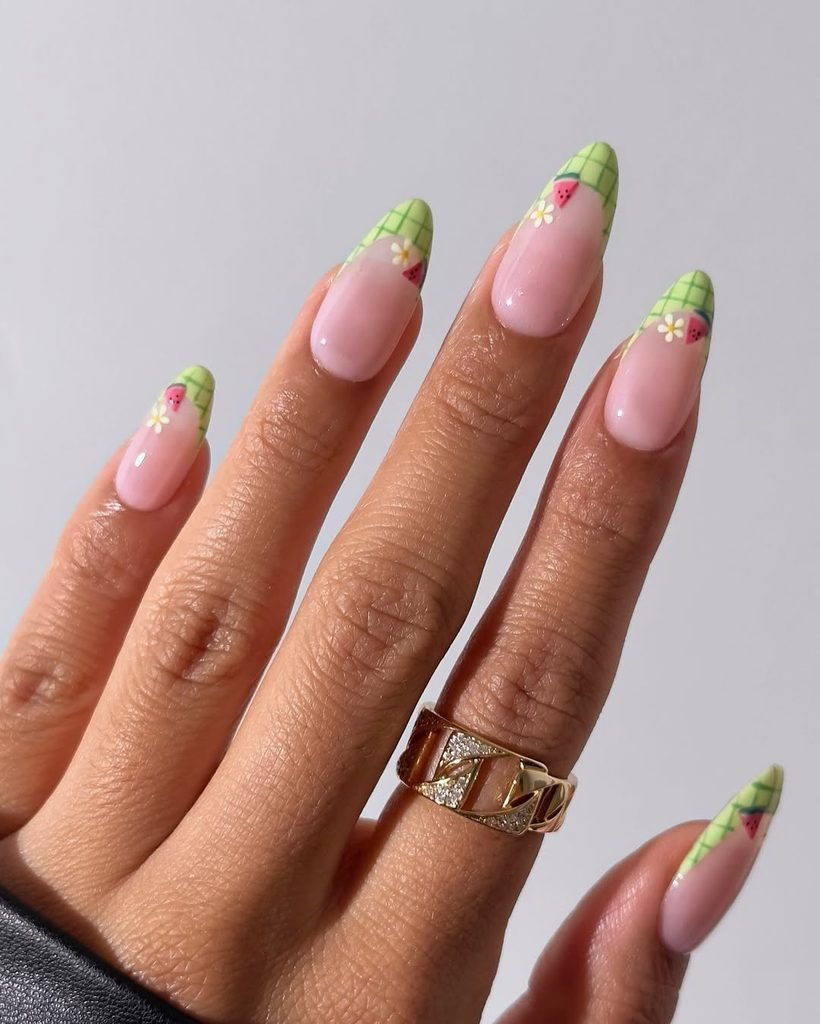 almond nails with pink bases and green grid french tips accented with watermelons