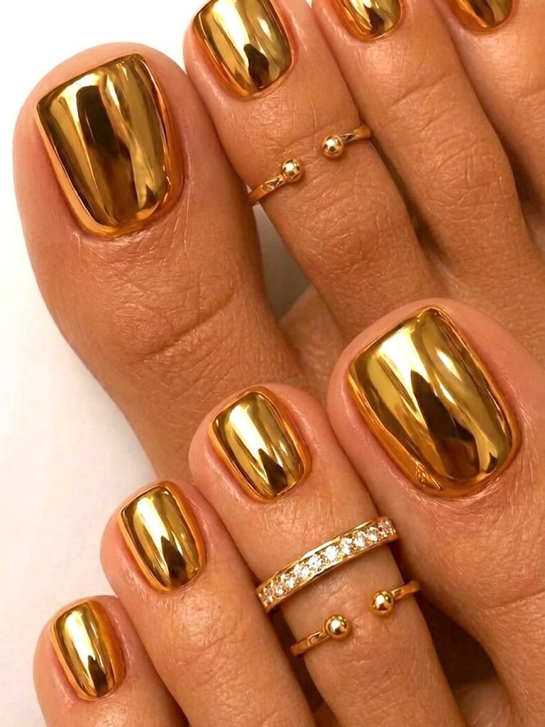 shiny metallic gold chrome summer toe nails adorned with dainty gold toe rings