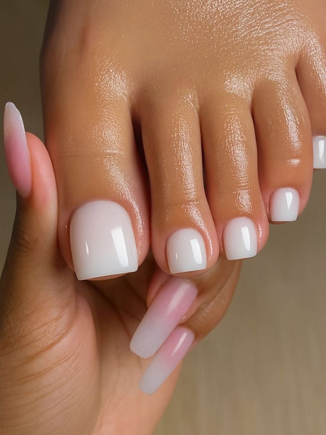 close-up of a pedicure featuring glossy milk white toenails on a well-moisturized foot