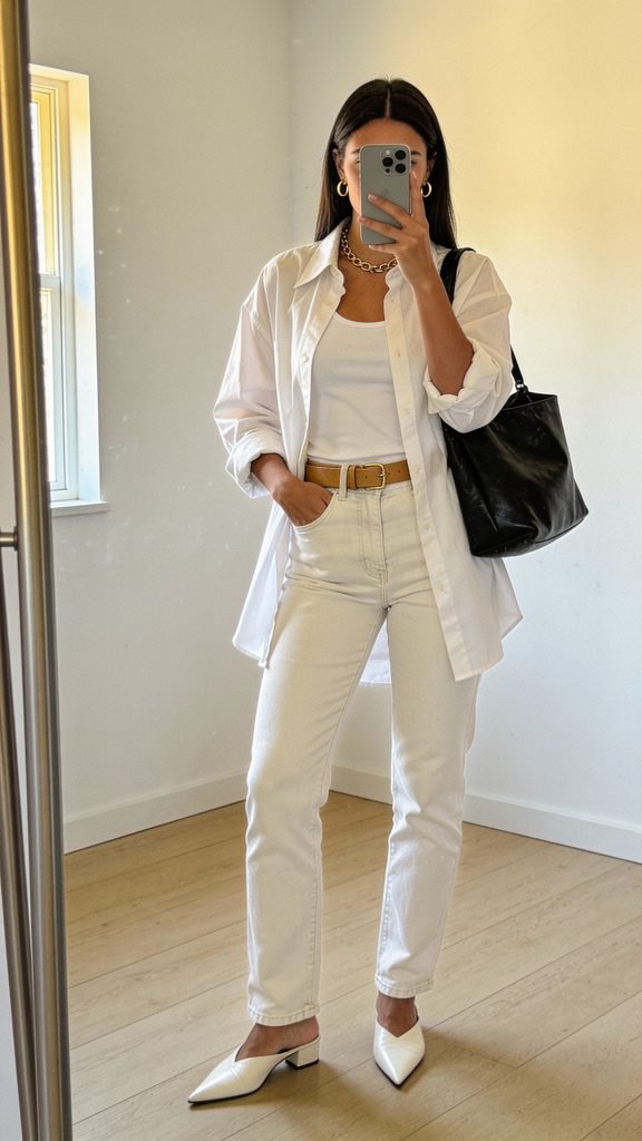 woman wearing white jeans, a white shirt, and a black tote bag