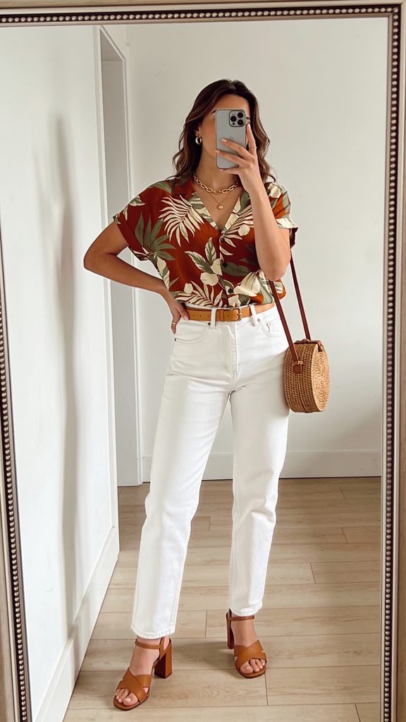 woman in a brown floral shirt and white jeans with a straw bag