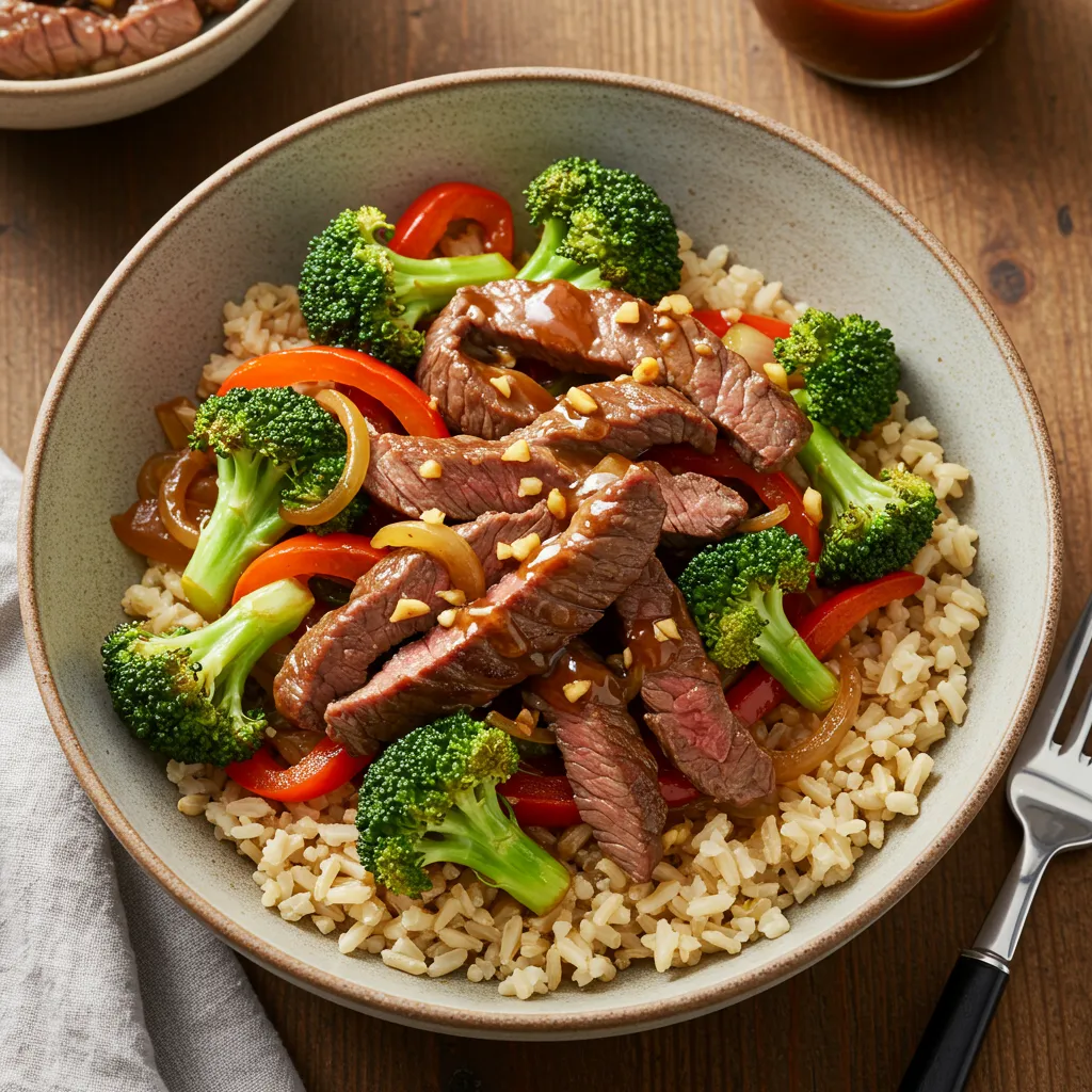 beef and broccoli stir fry with red bell peppers over brown rice in a bowl