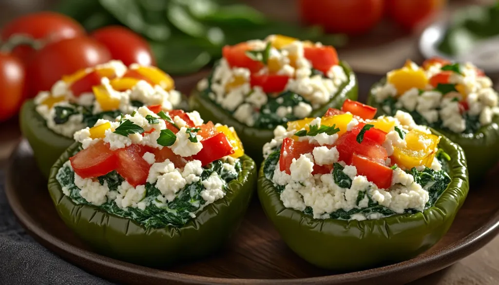 baked green bell peppers stuffed with cottage cheese, spinach, and tomatoes