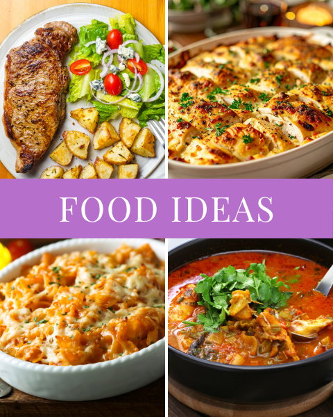 collage showing various food ideas including steak, salad, roasted chicken, pasta, and spicy soup.