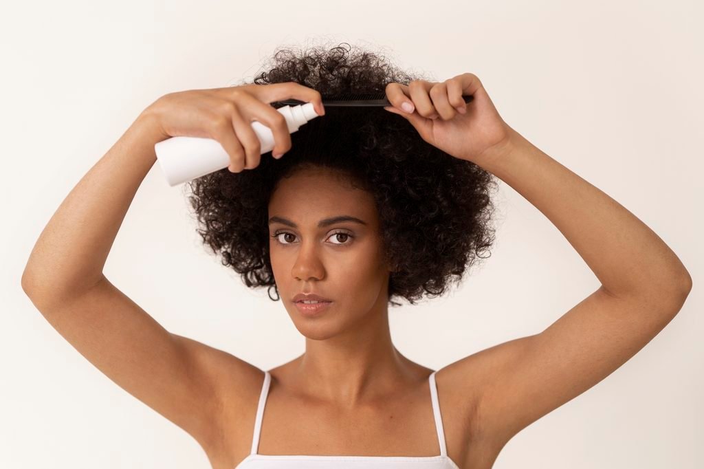 young woman with an afro combing and spraying hair product on her hair