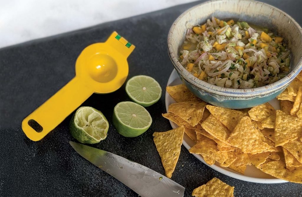 peruvian white fish ceviche in a ceramic bowl served with tortilla chips and fresh lime wedges