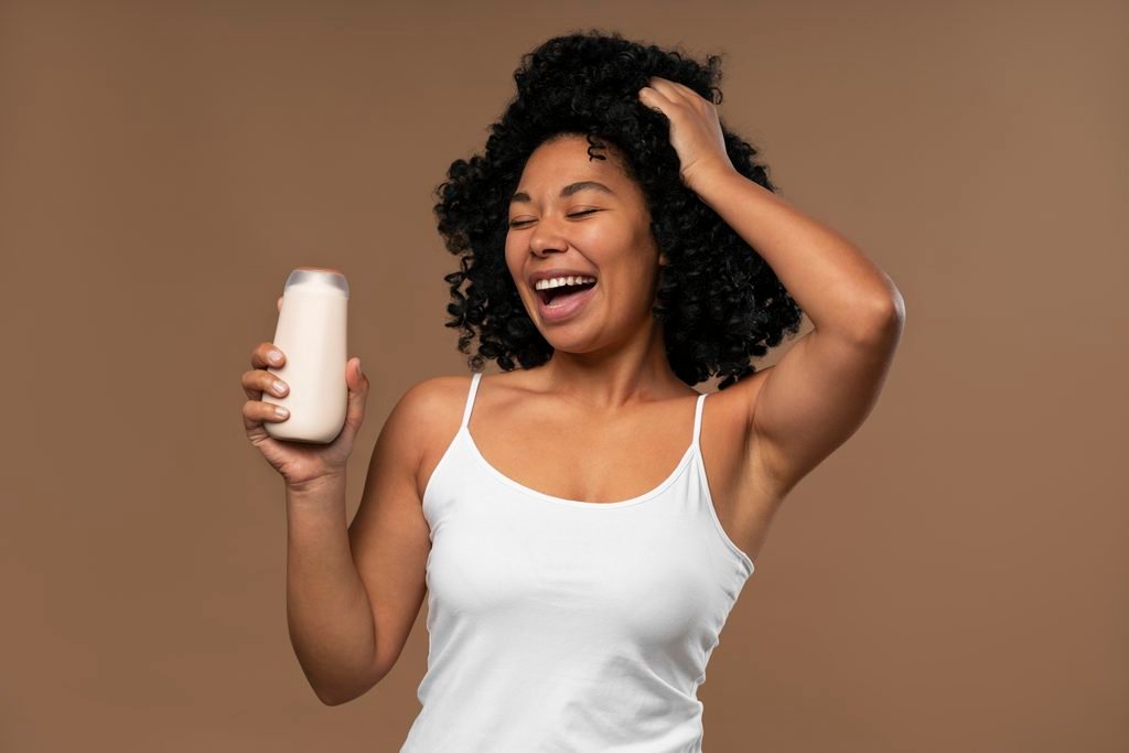laughing young woman holding a lotion bottle against a solid brown background