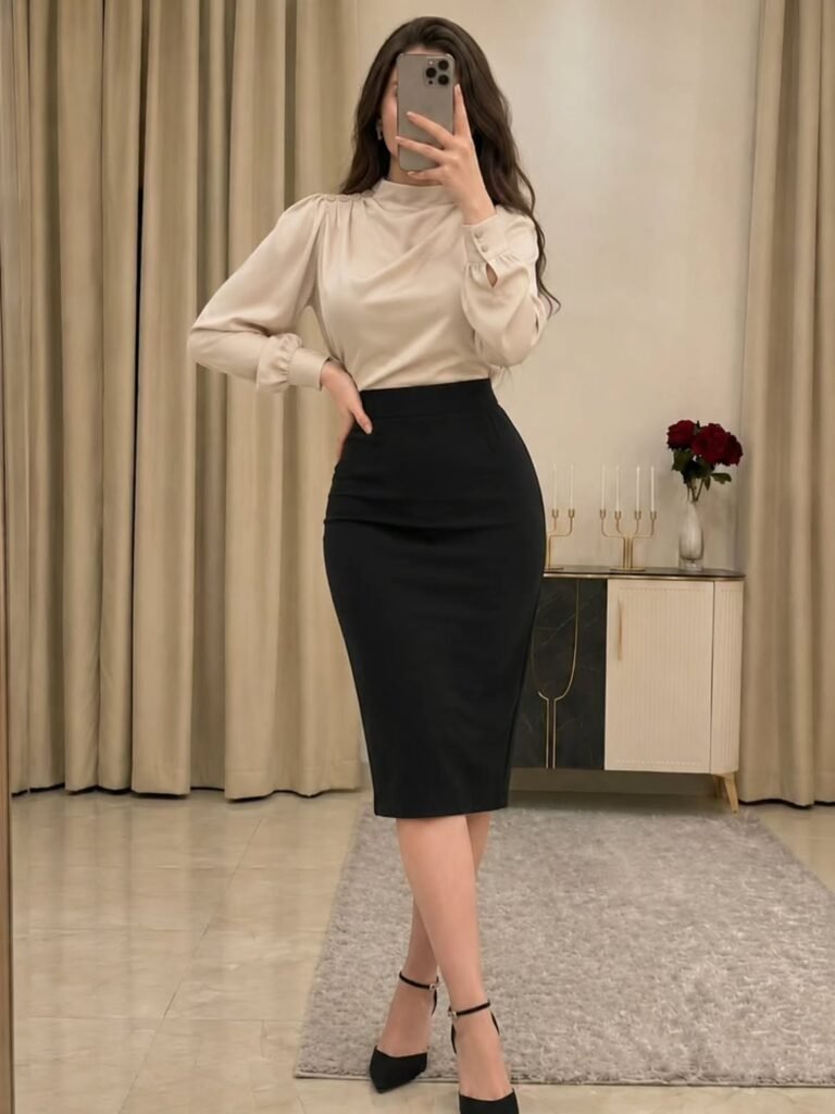 woman wearing beige blouse and black pencil skirt taking mirror selfie