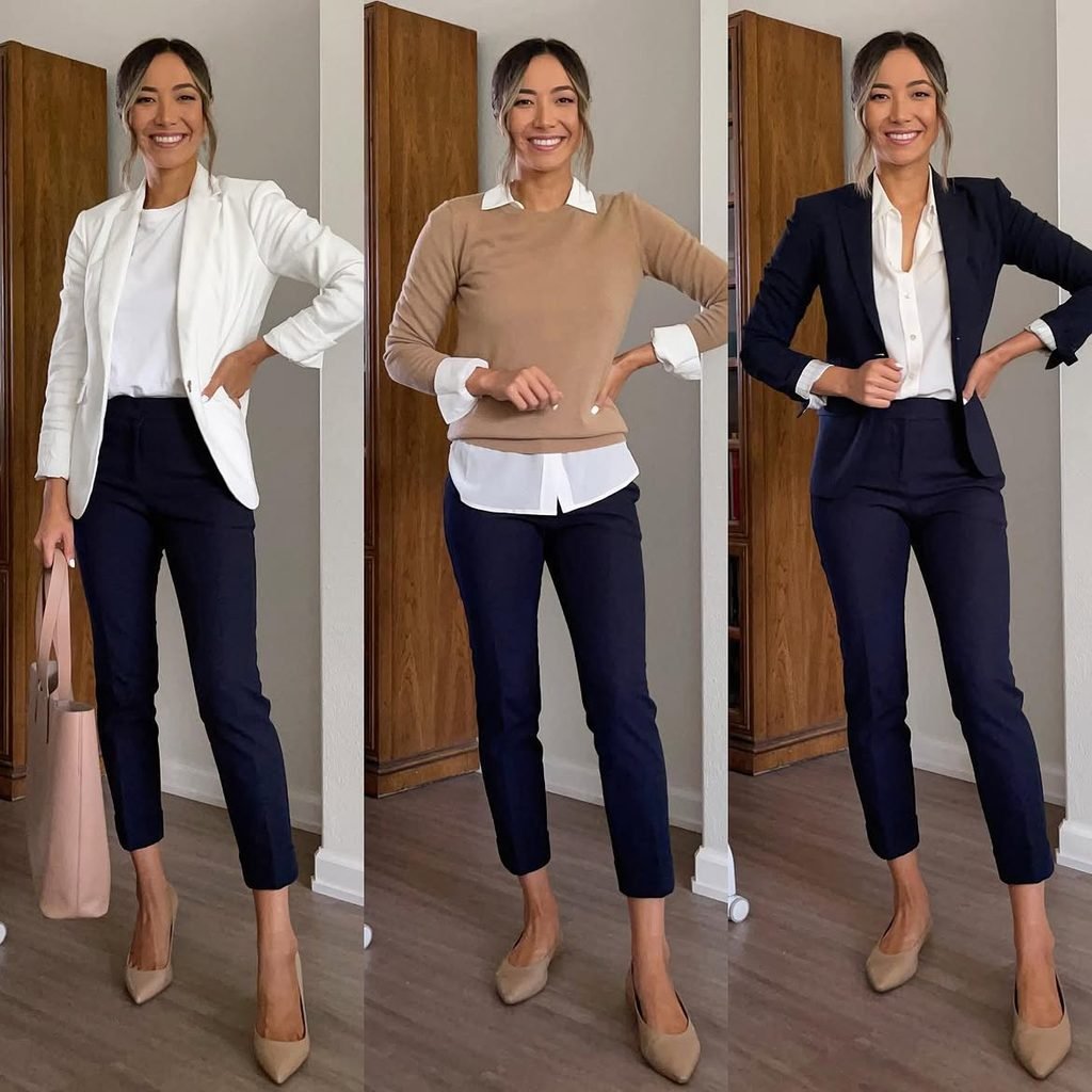 woman posing in three professional work outfits featuring blazers sweaters and navy trousers