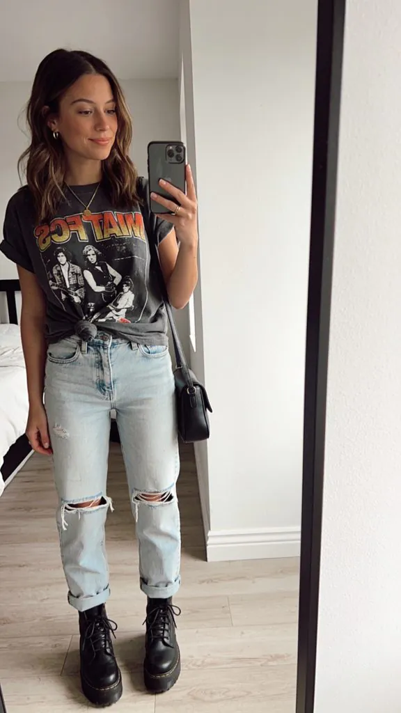 woman wearing graphic t-shirt and ripped light wash jeans in a mirror selfie