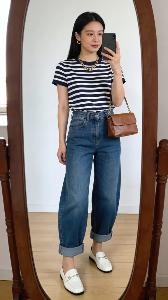 woman in striped t-shirt and cuffed blue barrel jeans posing for a mirror selfie