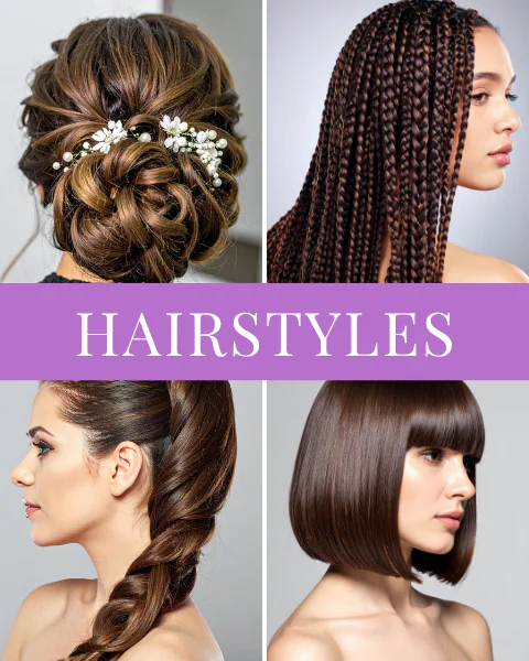 collage of different hairstyles including a floral updo, long braids, a ponytail, and a bob.