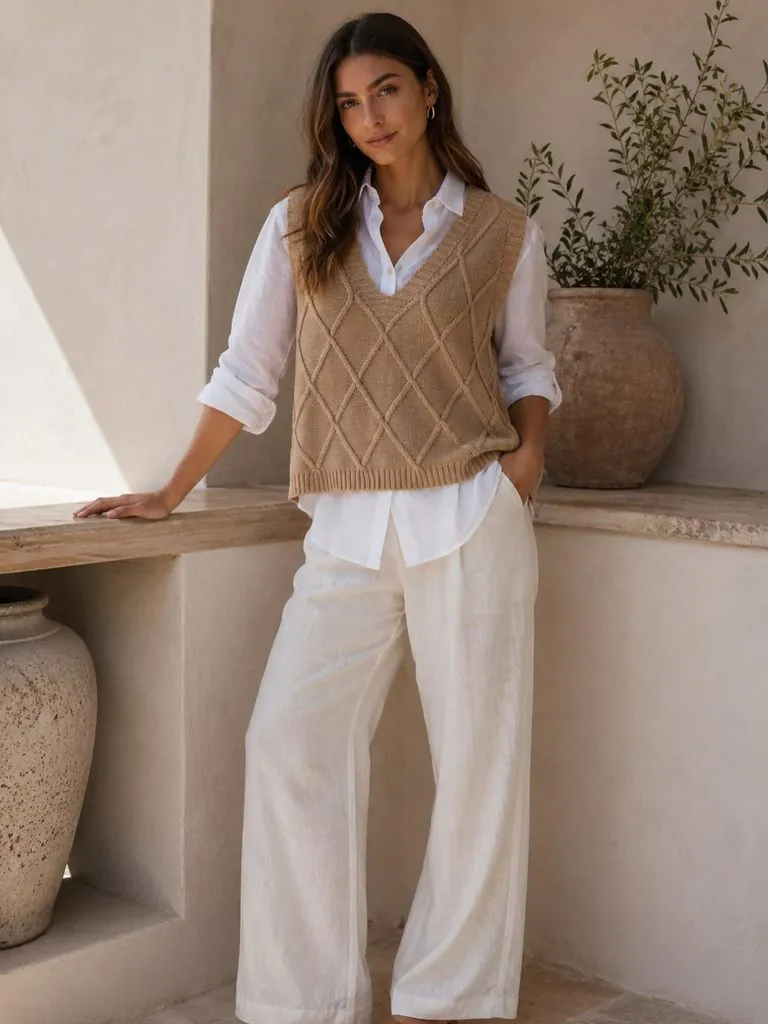 woman wearing tan knit vest over white button down shirt and white trousers