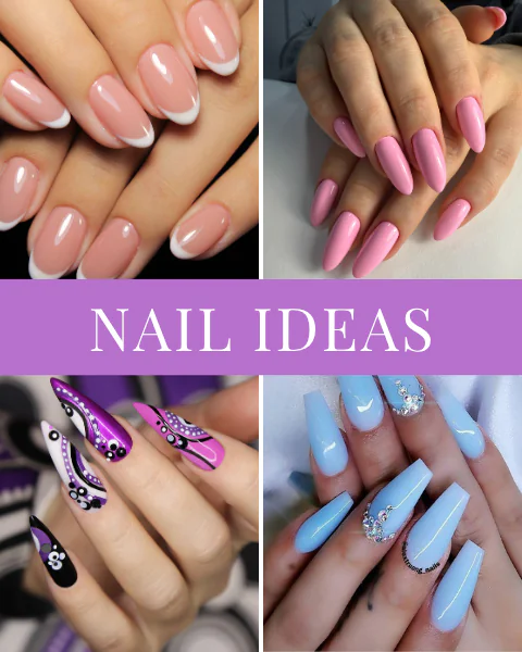 collage of manicured nails featuring french tips, pink almond shapes, purple patterns, and blue gems.