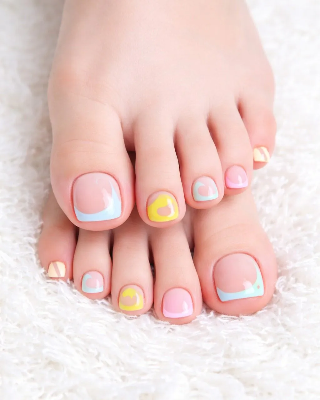 pastel french tip pedicure with alternating light blue, pink, and yellow details on feet